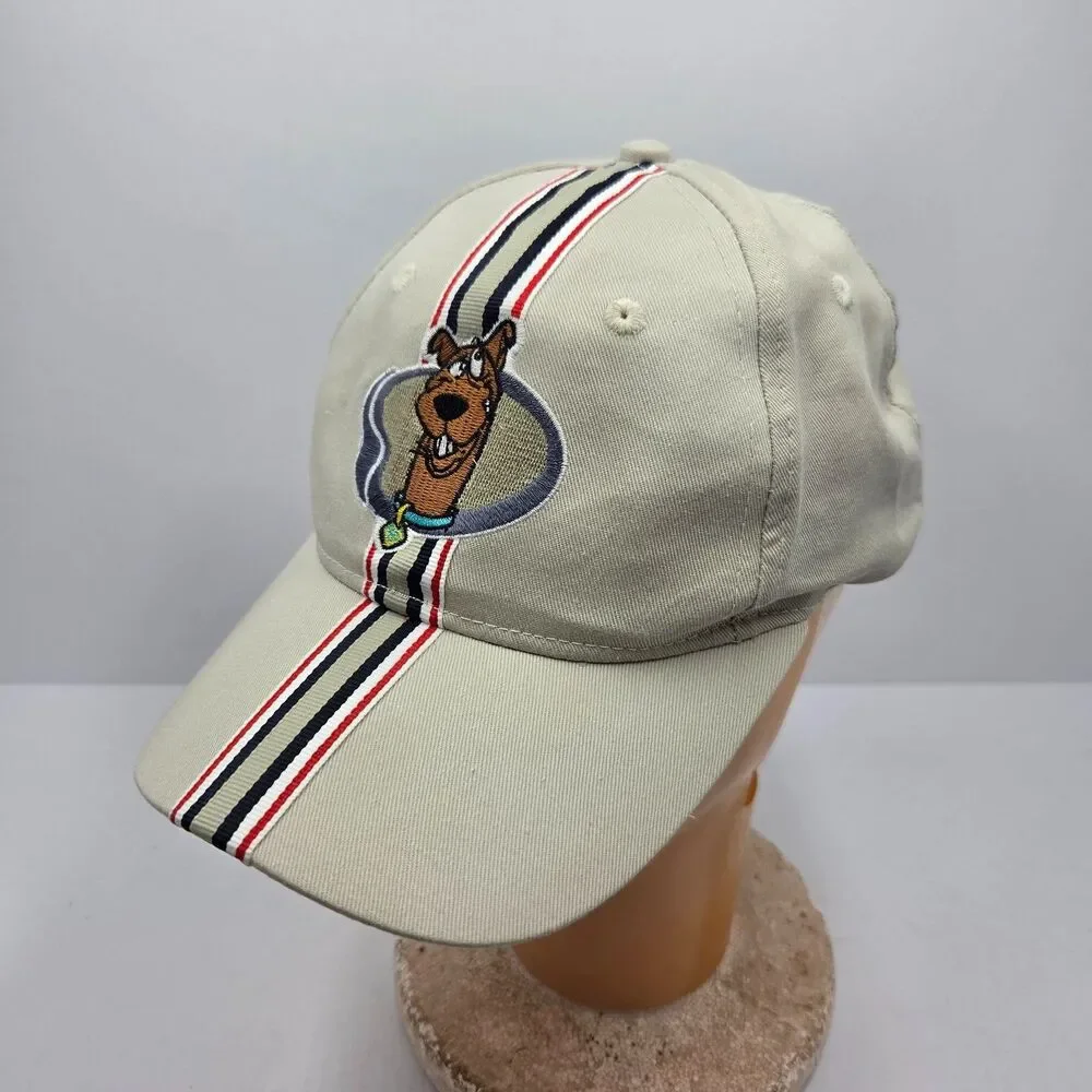 Vintage 1998 Scooby Doo Strapback Hat Cap Tan Racing Stripe Hanna Barbera